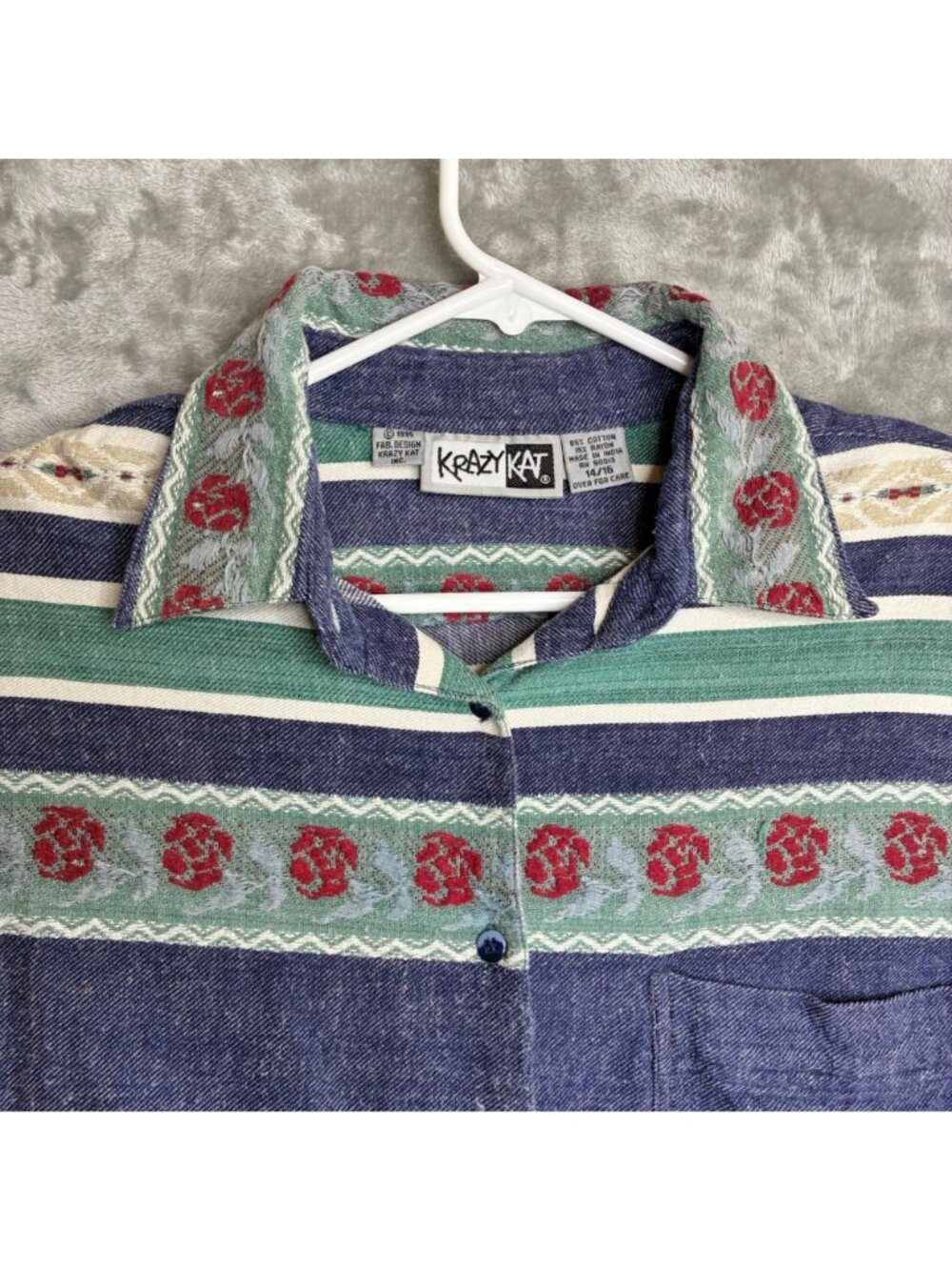 Krazy Kat Vintage 1995 Denim Shirt 14 16 L Rose Embroidered Striped Button Up - Picture 5 of 8